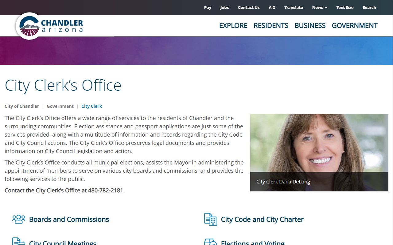 Chandler Arizona genealogy city clerk office webpage showing services