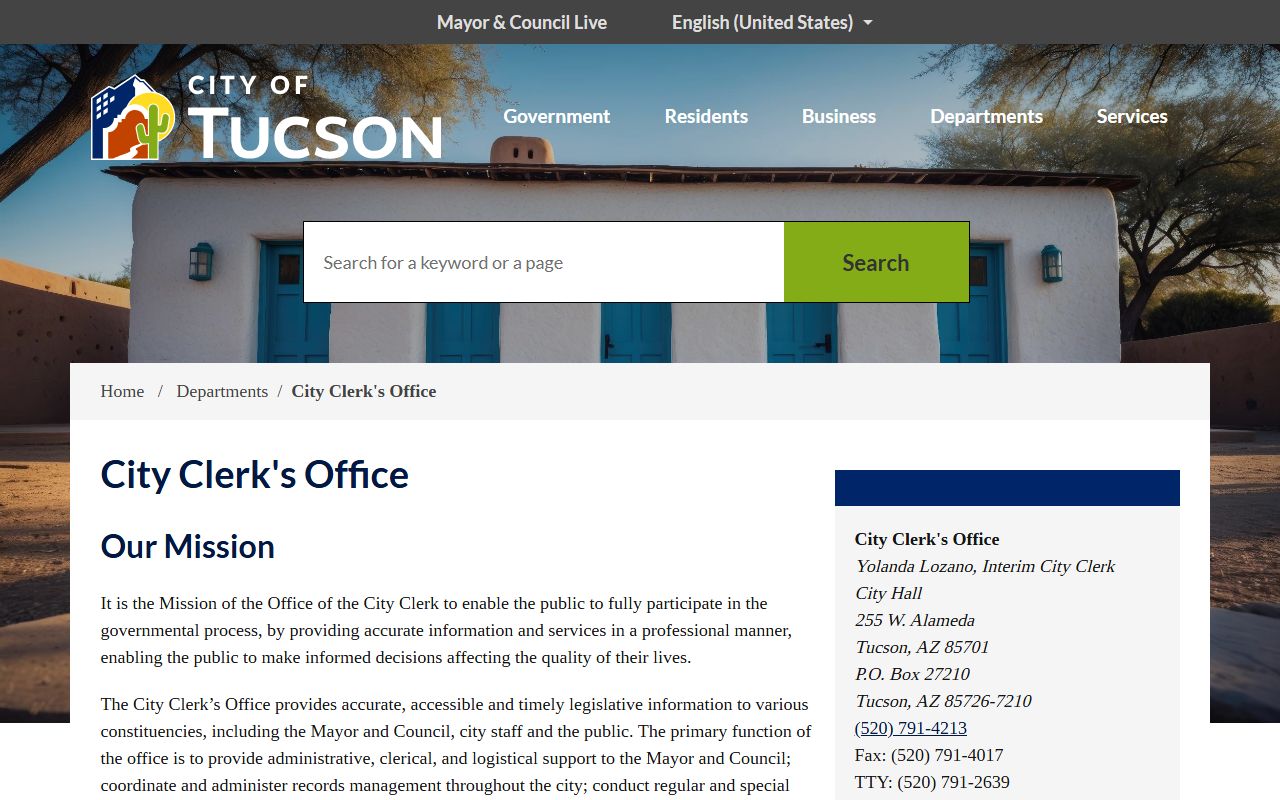 Tucson Arizona genealogy city clerk webpage showing department services