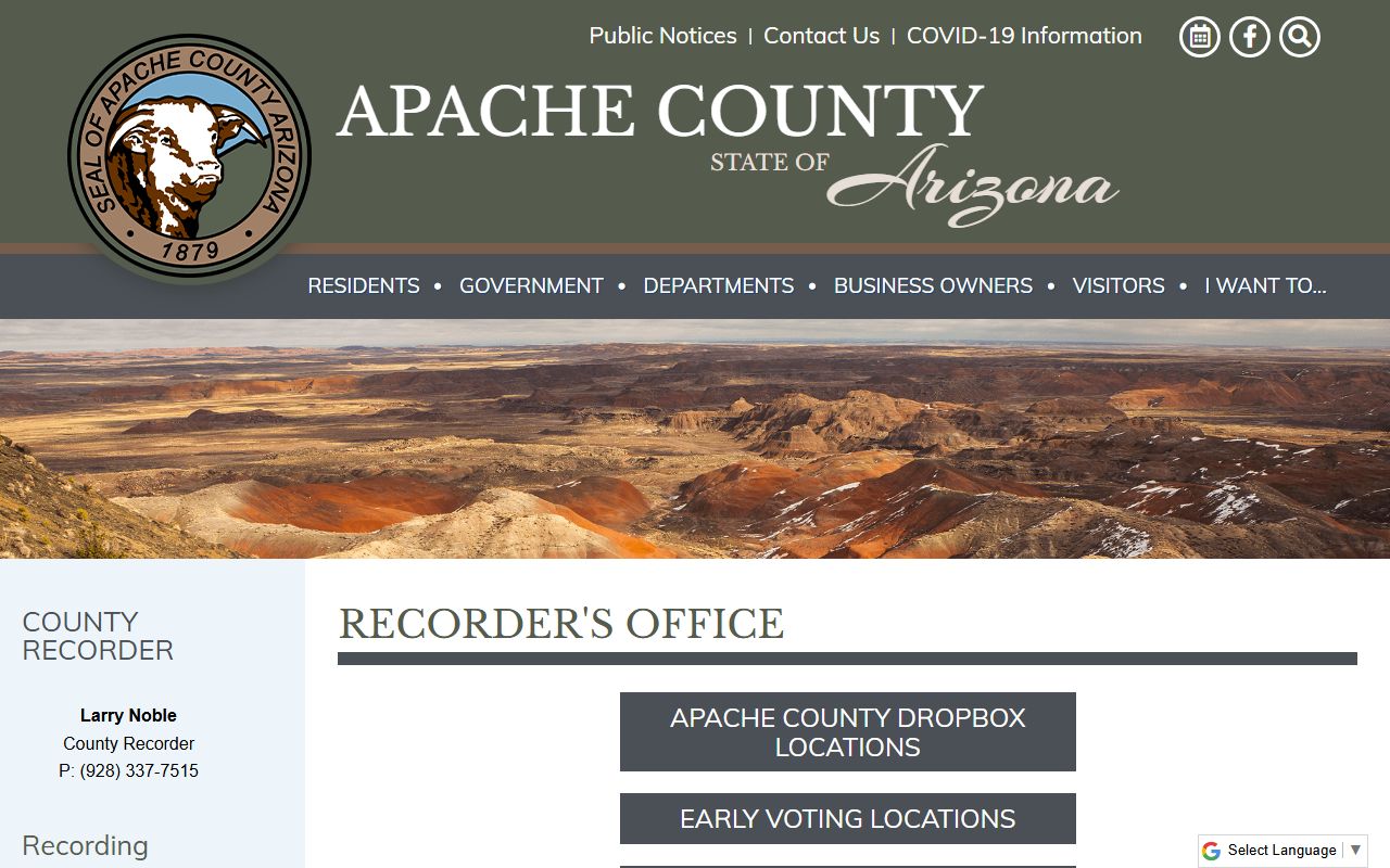 Apache County Arizona genealogy recorder office main page