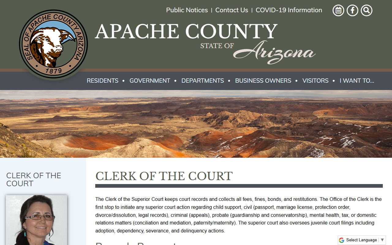 Apache County Arizona genealogy clerk of court office page