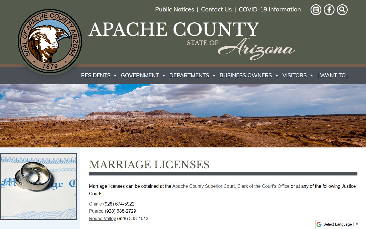 Apache County Arizona genealogy marriage license information page
