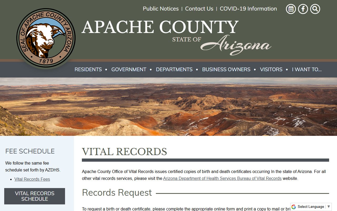 Apache County Arizona genealogy vital records office page