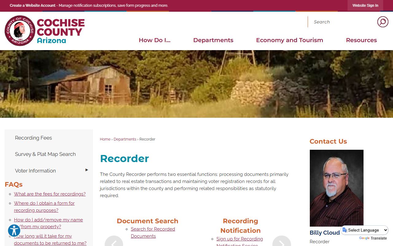 Cochise County Arizona genealogy recorder office main page