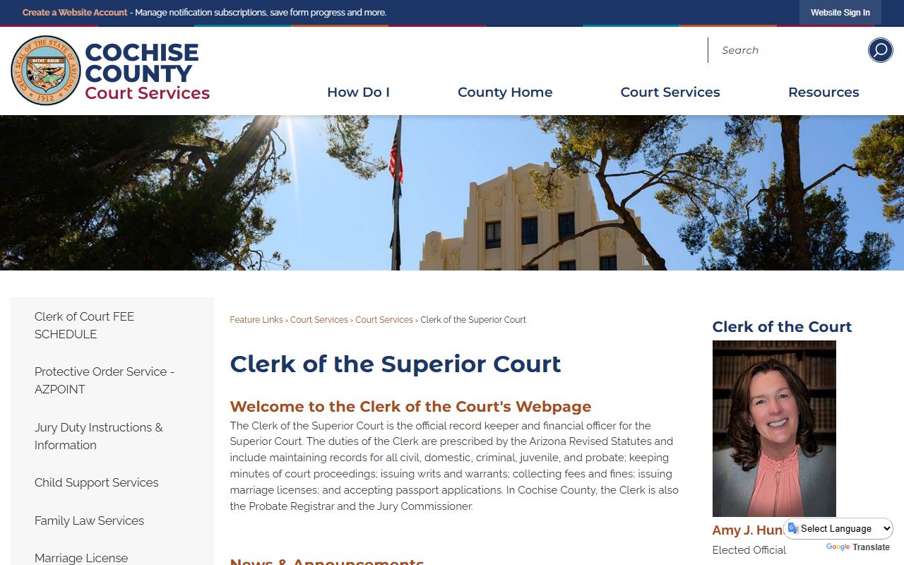 Cochise County Arizona genealogy clerk of court office page
