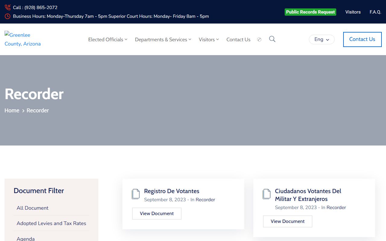 Greenlee County Arizona genealogy recorder office main page