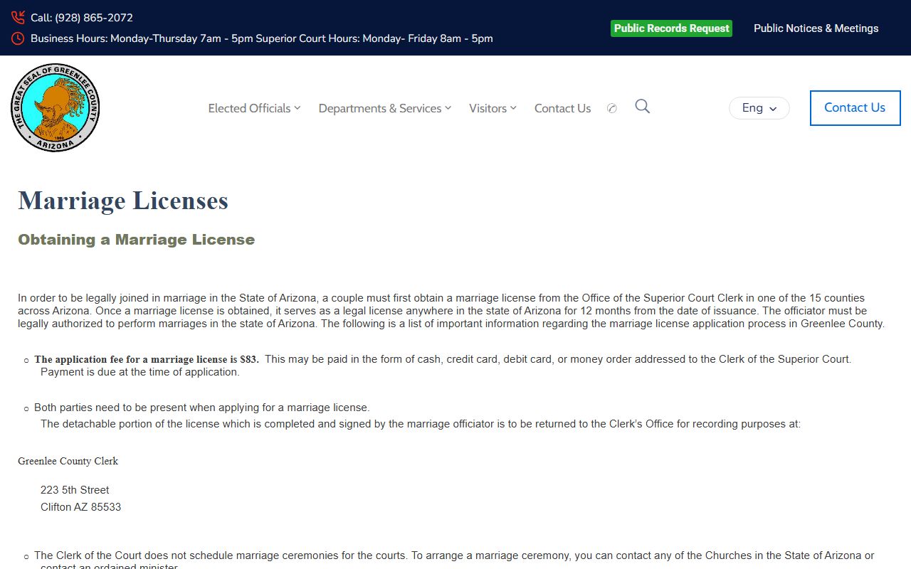 Greenlee County Arizona genealogy marriage license information page