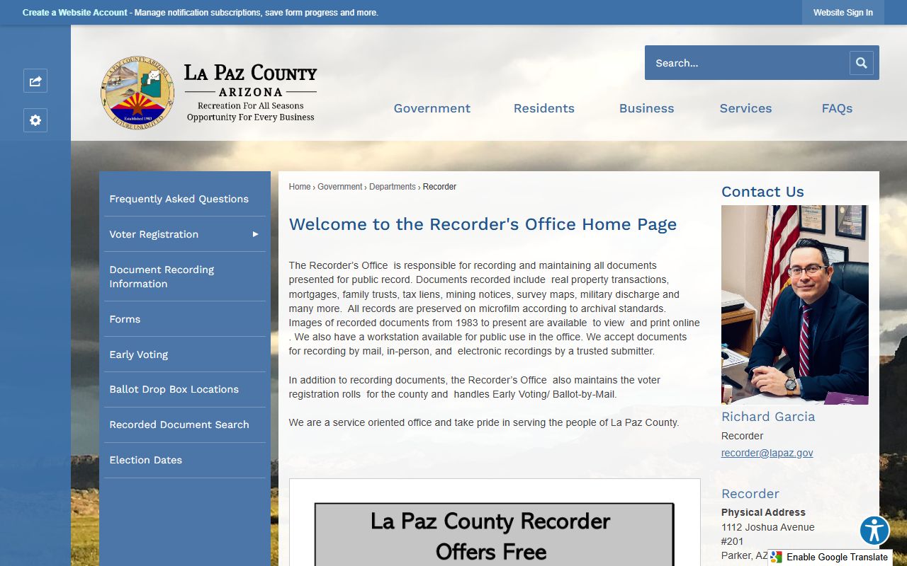 La Paz County Arizona genealogy recorder office main page