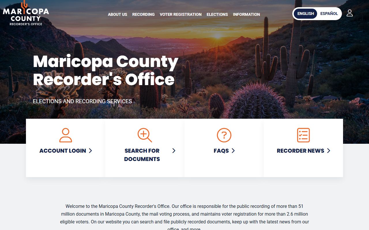 Maricopa County Arizona genealogy recorder office main page with document search
