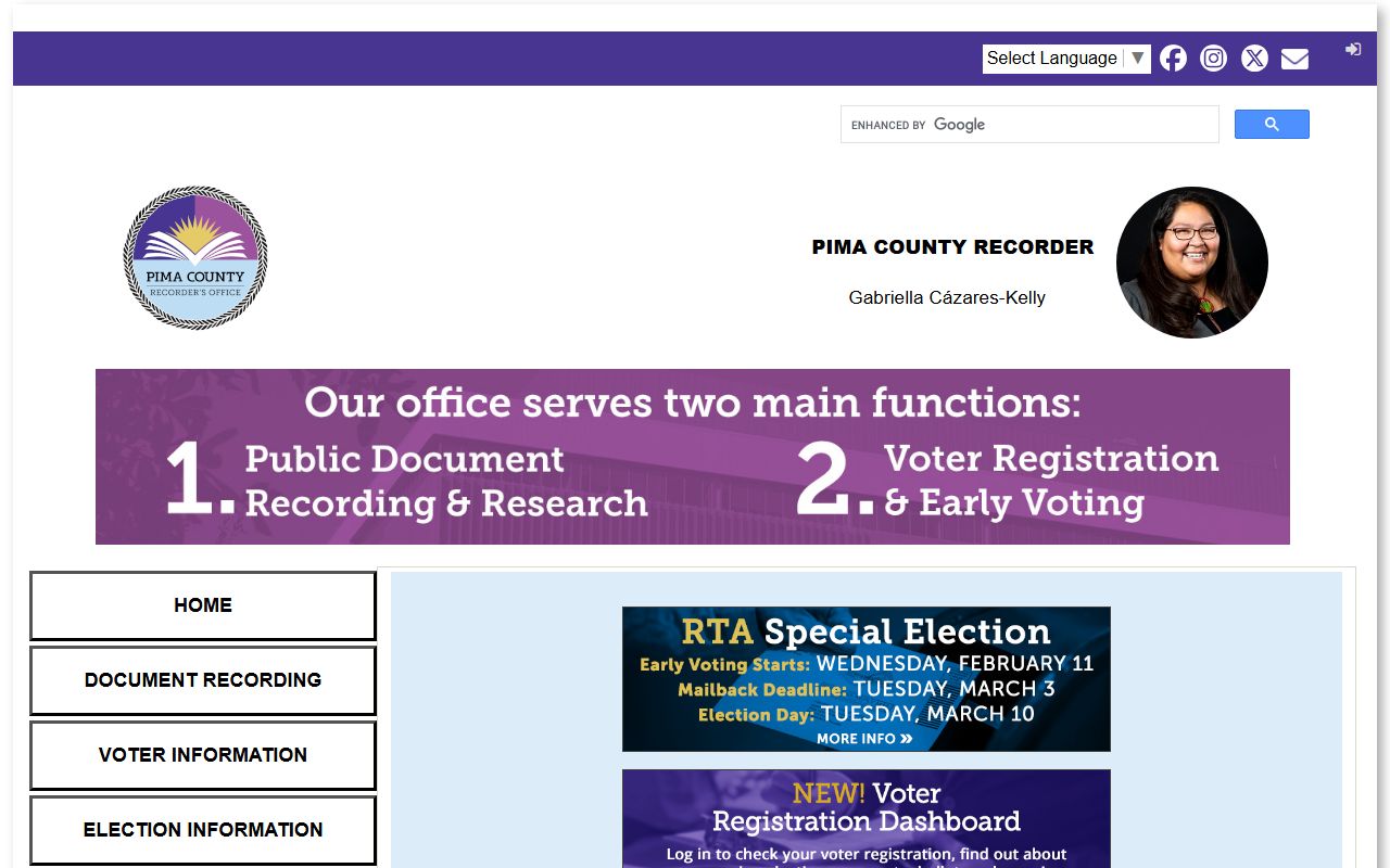Pima County Arizona genealogy recorder office main page showing search options