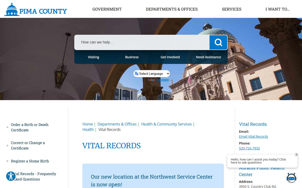 Pima County Arizona genealogy vital records health department page