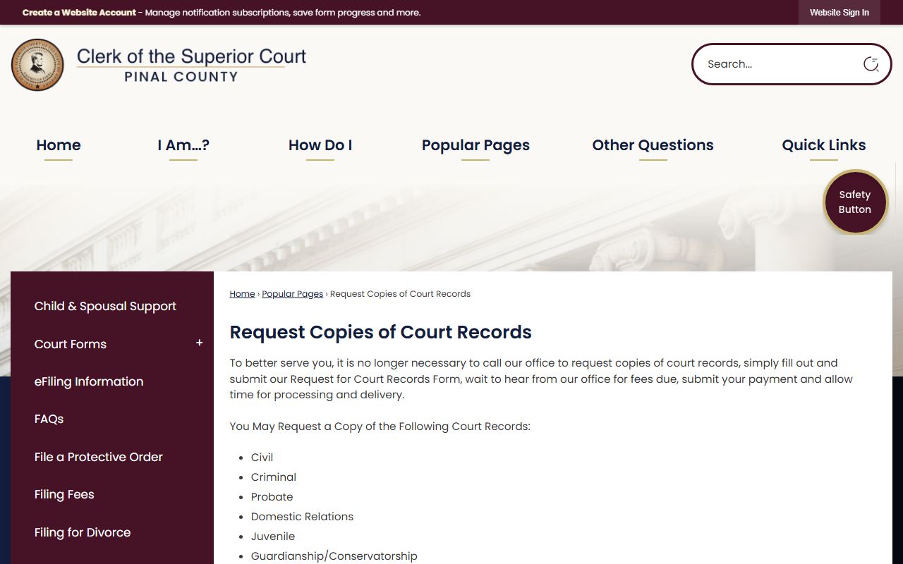 Pinal County Arizona genealogy court records request page