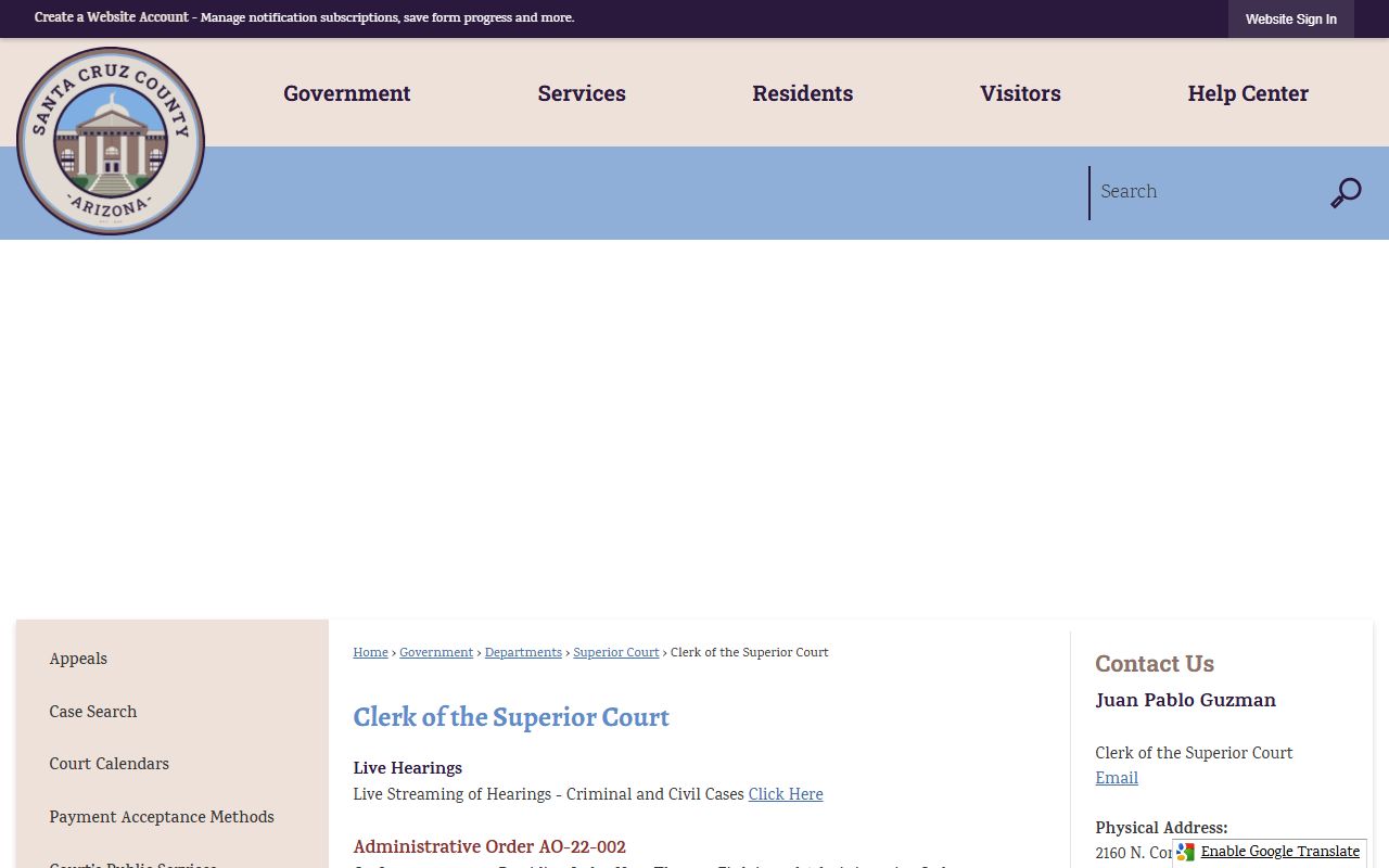 Santa Cruz County Arizona genealogy clerk of superior court page
