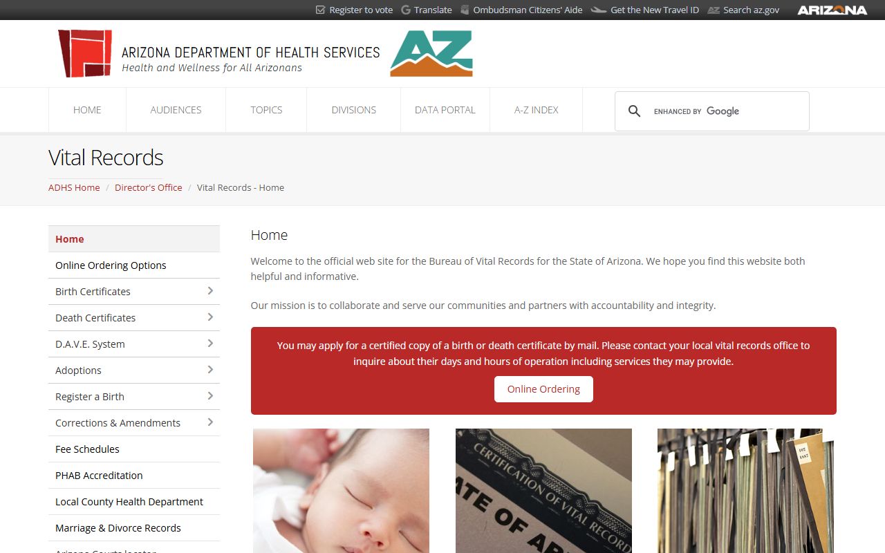Arizona Department of Health Services vital records main page for genealogy research