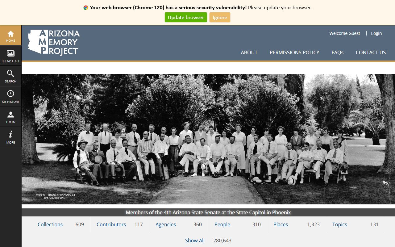 Arizona Memory Project homepage showing digital archive collections