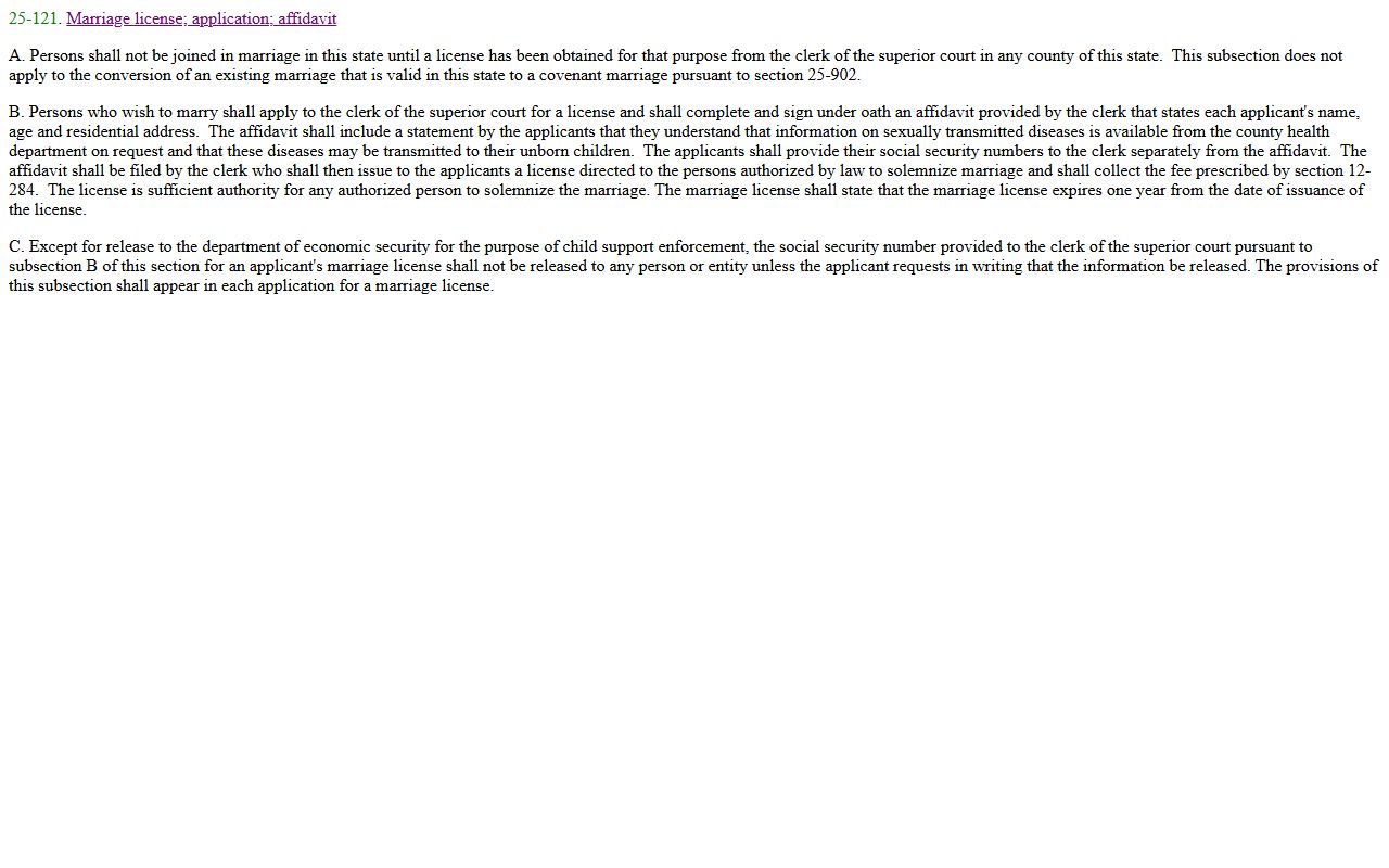 Arizona statute ARS 25-121 governing marriage license requirements
