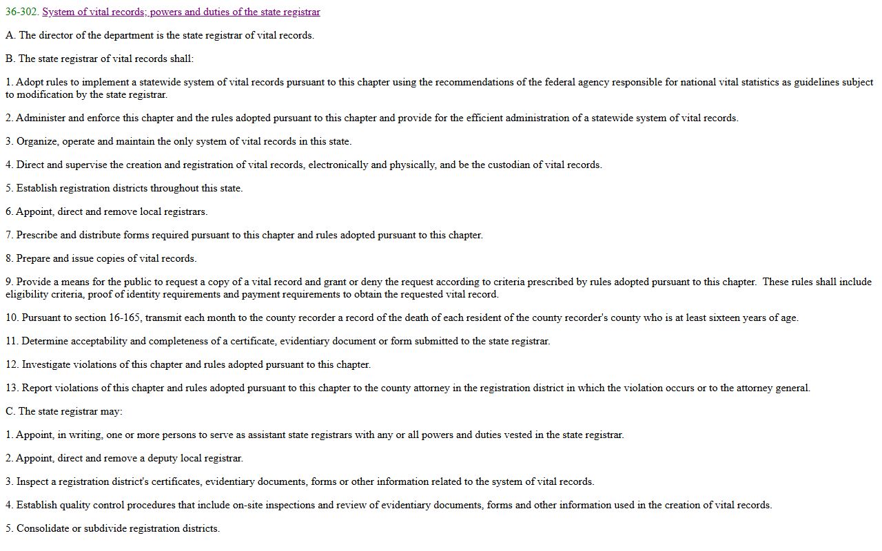 Arizona statute ARS 36-302 establishing the vital records system