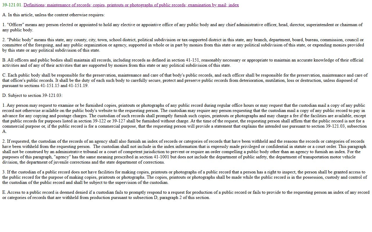 Arizona public records statute ARS 39-121.01 text