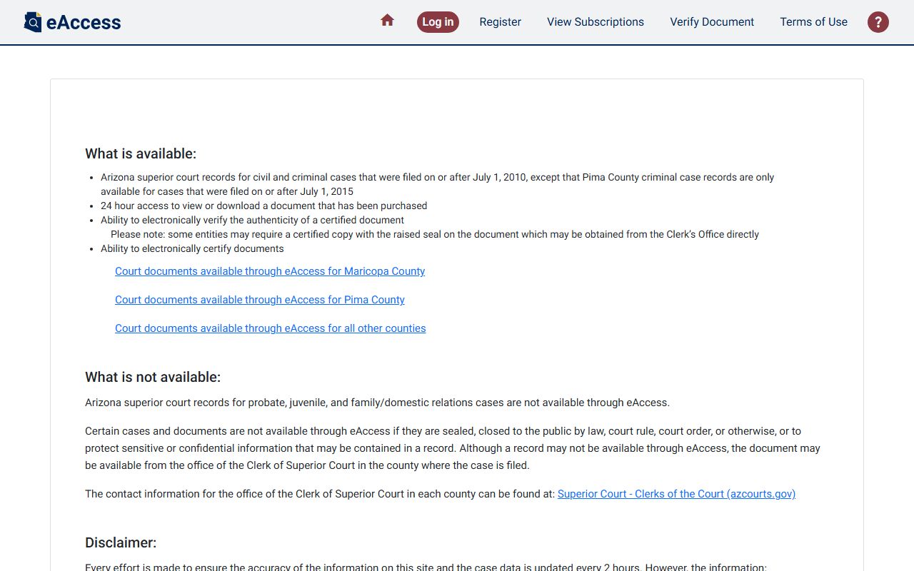 Arizona eAccess court records portal for searching genealogy documents