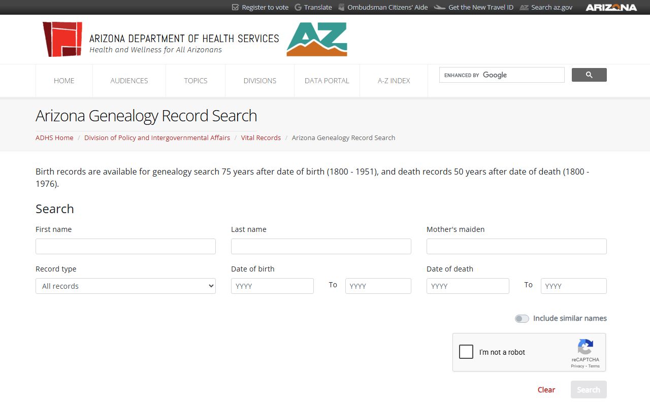Arizona free genealogy database homepage for searching birth and death records