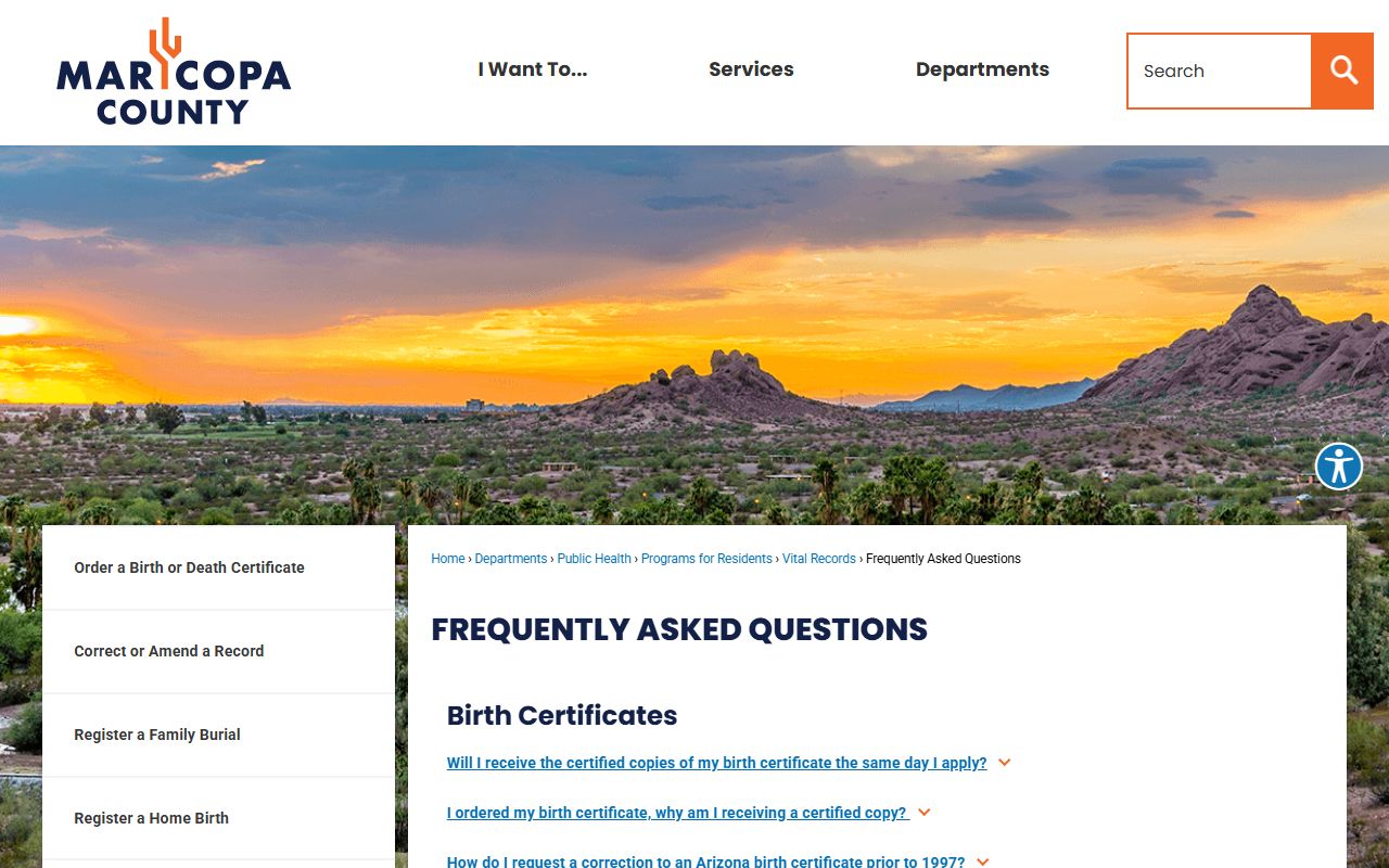 Maricopa County vital records frequently asked questions page
