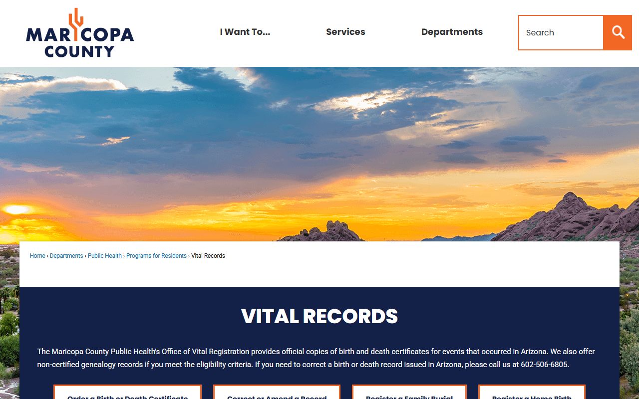 Maricopa County vital records page showing office locations and hours